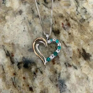 Brilliance Emerald with White Topaz Open Heart Pendant Necklace